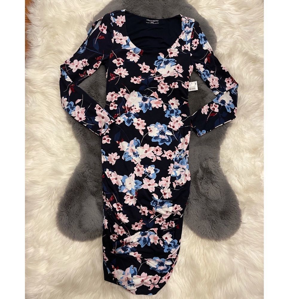 A Pea In The Pod Cold Shoulder Long Sleeve fitted Maternity Dress